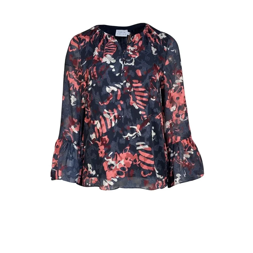 Tanya Taylor - Navy & Coral Print Long Sleeve Harmony Top Sz M